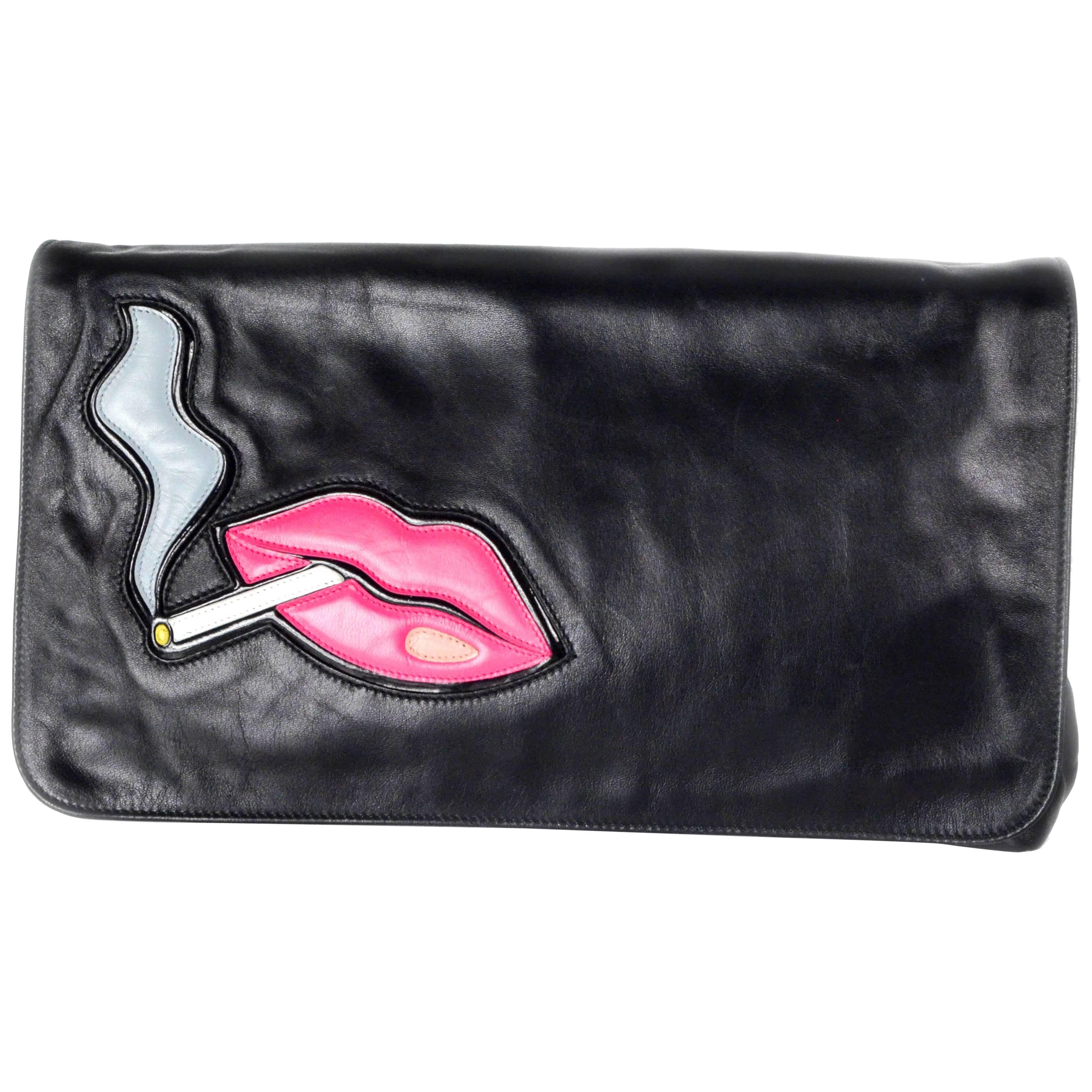 Prada Smoking Lips Large Clutch Bag - Black Leather Kiss Handbag Pink