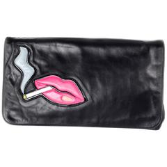 Prada Smoking Lips Large Clutch Bag - Black Leather Kiss Handbag Pink