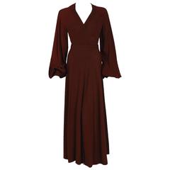 1970
s Ossie Clark Mocha Brown Moss-Crepe Cuddley Backless Billow-Sleeve Dress