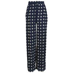 Vintage Valentino Puckered Silk High-Waisted Light Blue on Blue Star Print Pants 7