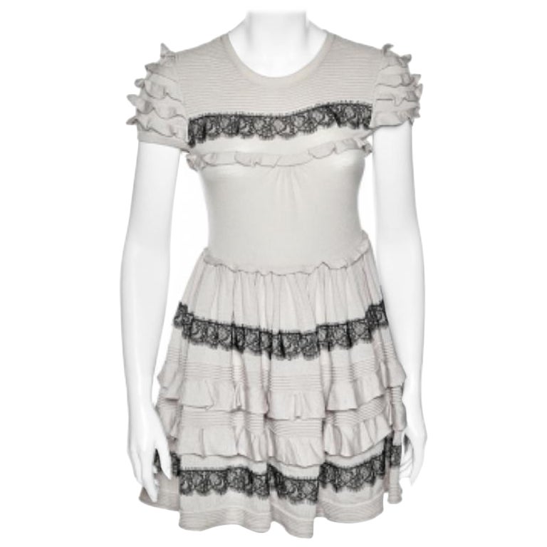 RED Valentino Beige Wool Lace Trim Ruffled Mini Dress M