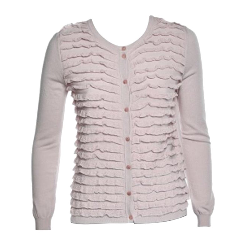 RED Valentino Rosa gestrickte Strickjacke mit Rüschenbesatz und Knopfleiste vorne, L