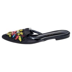 Oscar de la Renta Black Mesh And Patent Leather Embellished Flat Mules Size 37.5