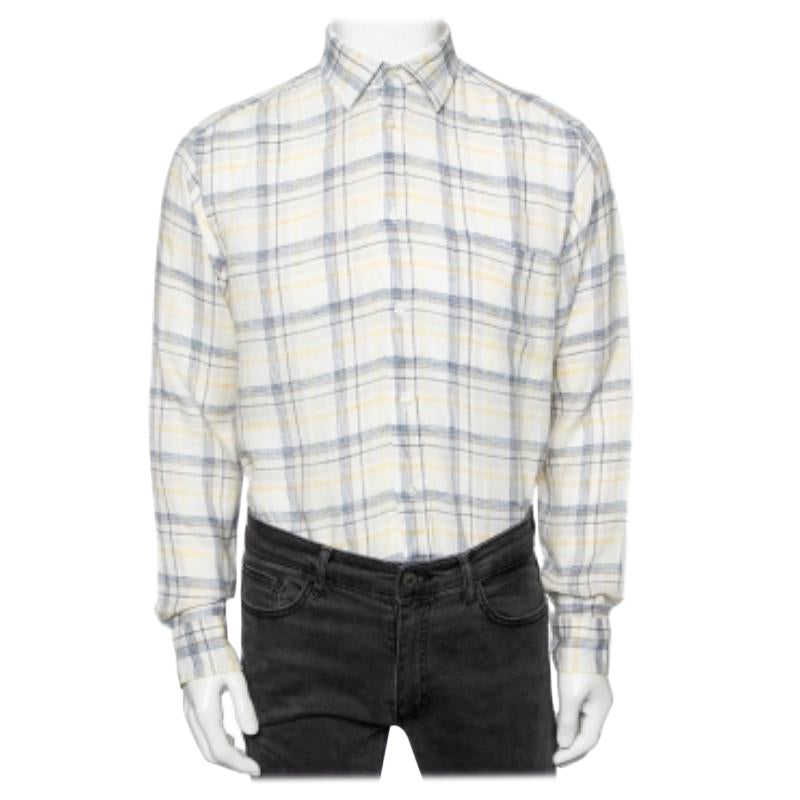 Zegna Sport Off-White Camicia a quadri in lino con bottoni davanti M. I.