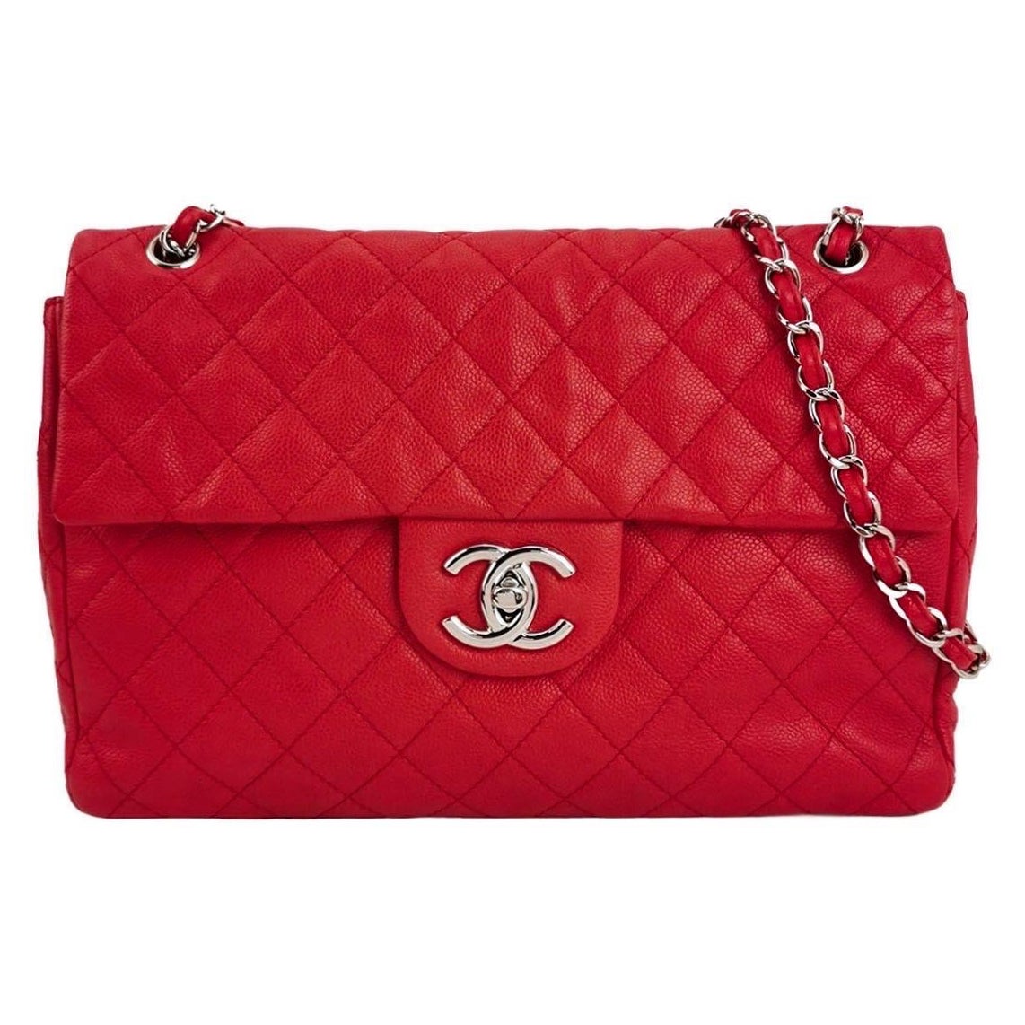 Chanel Classic Flap Maxi rouge caviar cuir métallique argenté logo CC géant