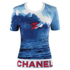 CHANEL 2002 Red White Blue CC Surf Wave Print Stretch Short Sleeve Top