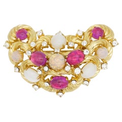 Christian Dior GROSSE 1969 Fuchsia Moonstone Crystal Heart Openwork Gold Brooch