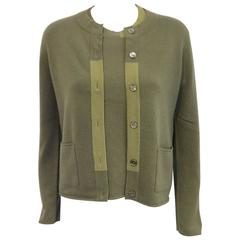 Chanel Fall 1998 Olive Cashmere Twinset With Color Blocked Placket and Collar