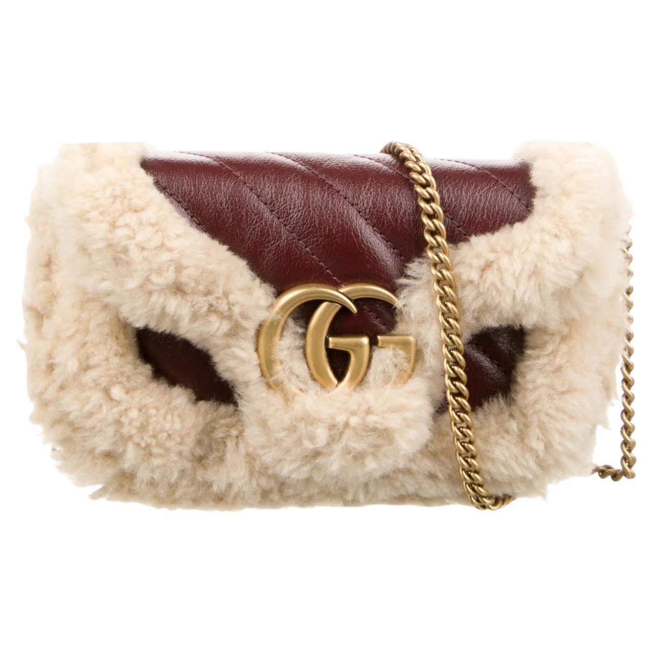 New Gucci Shearling Trim Super Mini GG Marmont Shoulder Bag