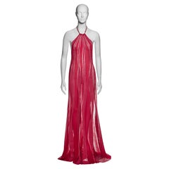 Gianni Versace Fuchsia Silk Evening Dress with Leather and Lace Panels, FW 2000