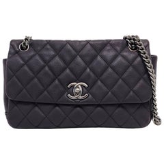Chanel Single Flap Bag Raisin Dark Purple Calfskin Caviar Leather Silver Chain 2