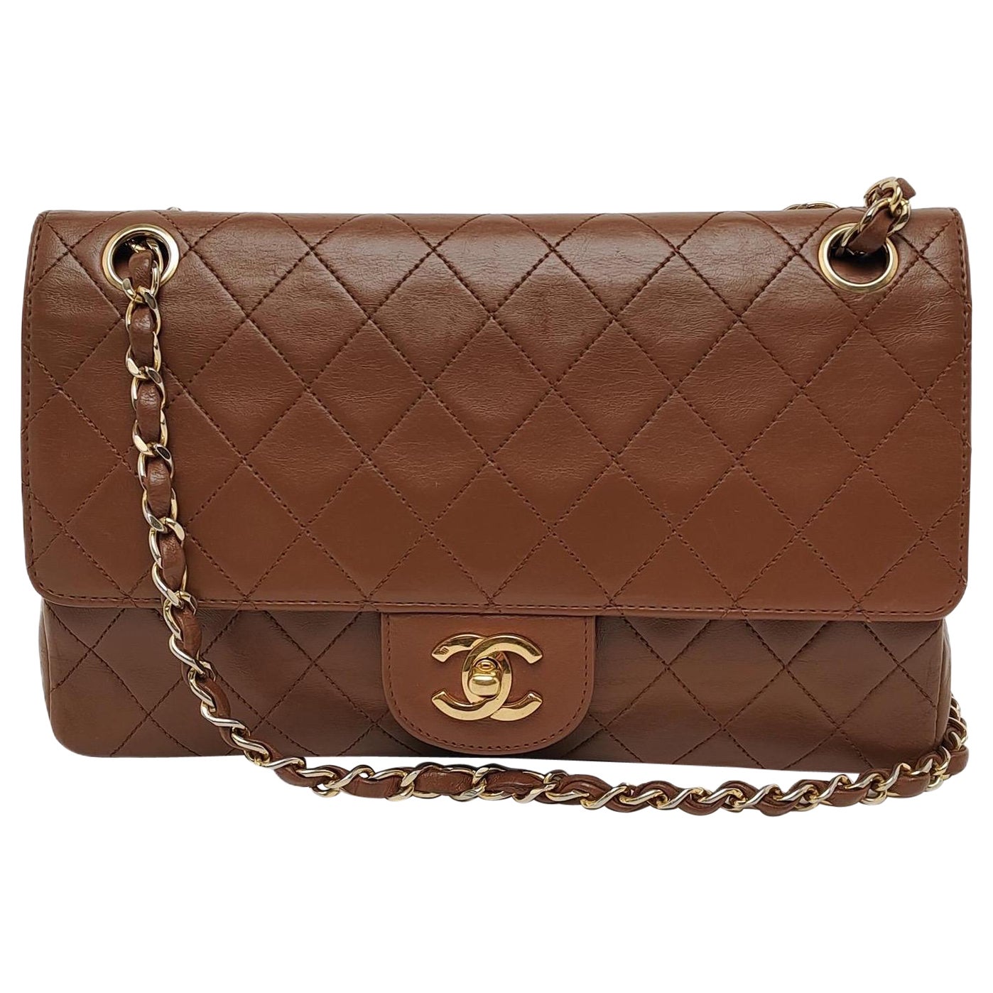 Chanel Classic Flap Vintage Medium Brown Leather 24k Gold Hardware