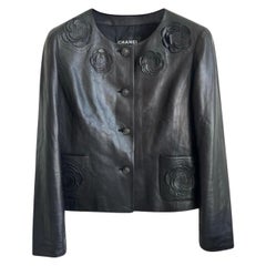 Chanel 13K$ Camellia Applique Black Leather Jacket 38 FR