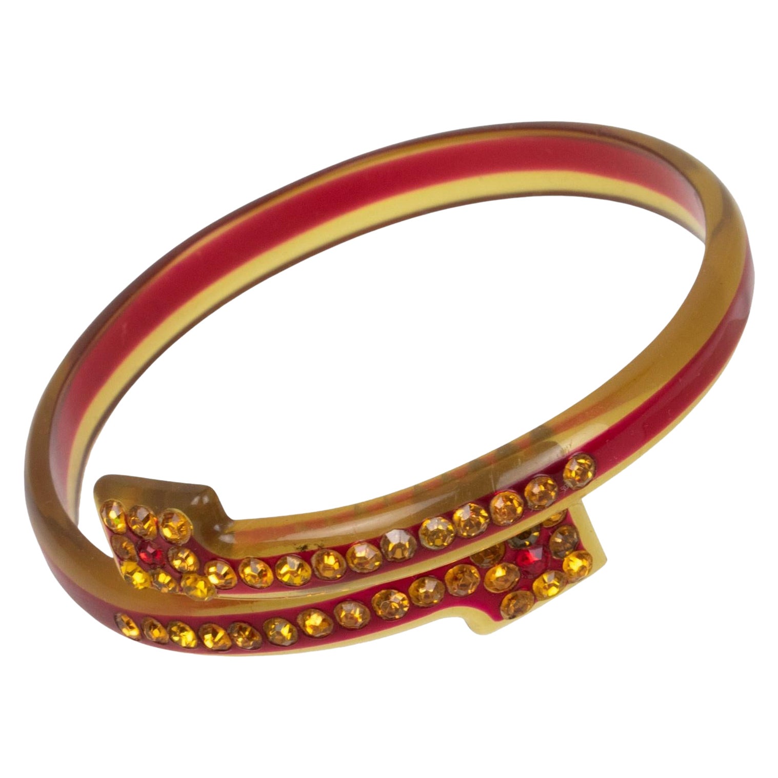 Bracciale francese in celluloide Bracciale bypass geometrico con cristallo arancione e rosso