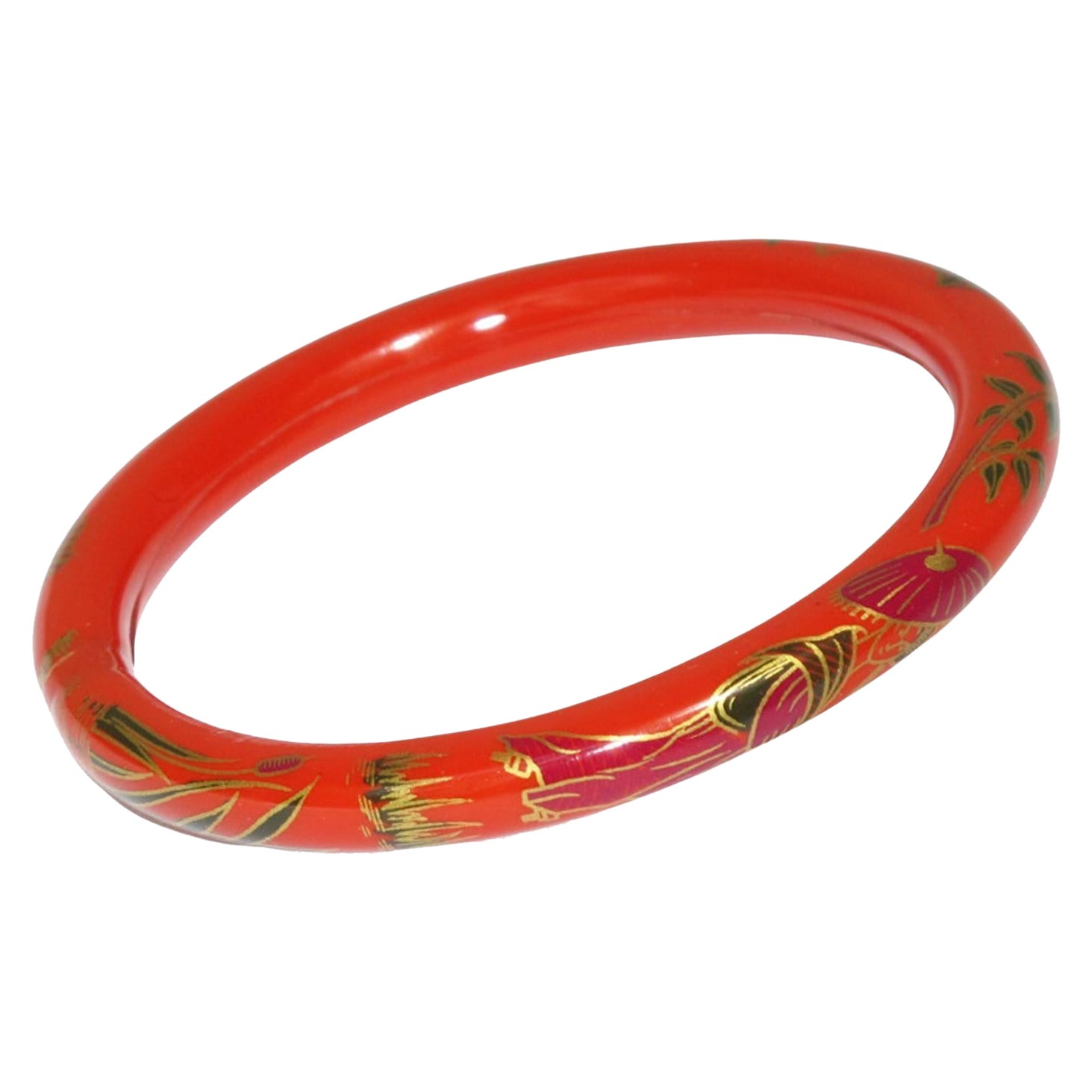 Bracciale Bangle in celluloide rossa Art Deco con design di ispirazione asiatica
