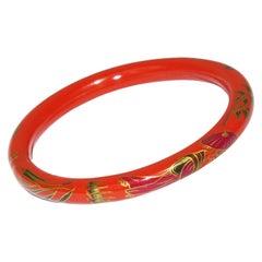 Antique Art Deco Red Celluloid Bracelet Bangle with Asian-Inspired Design