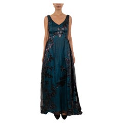 1990S Aqua Blue & Black Silk Lurex Matelassé Gauze Gown