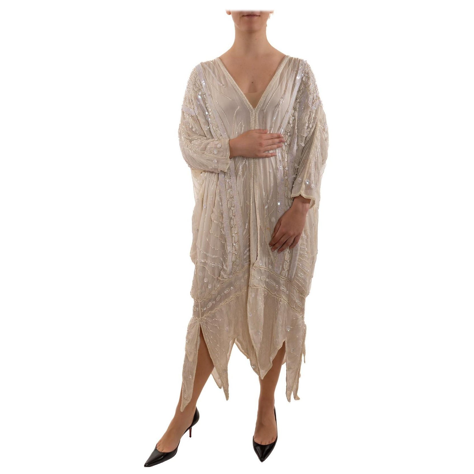 1980S Pearl White Silk Chiffon Cocoon With Sequins And Beading For Sale