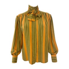 1980s Silky Viscose Blouse Top Green and Saffran Stripes Size 10/12