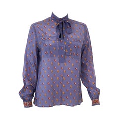 1980er Jahre Seidige Viskose Bluse Top Lila mit Druck Dekor Größe 6
