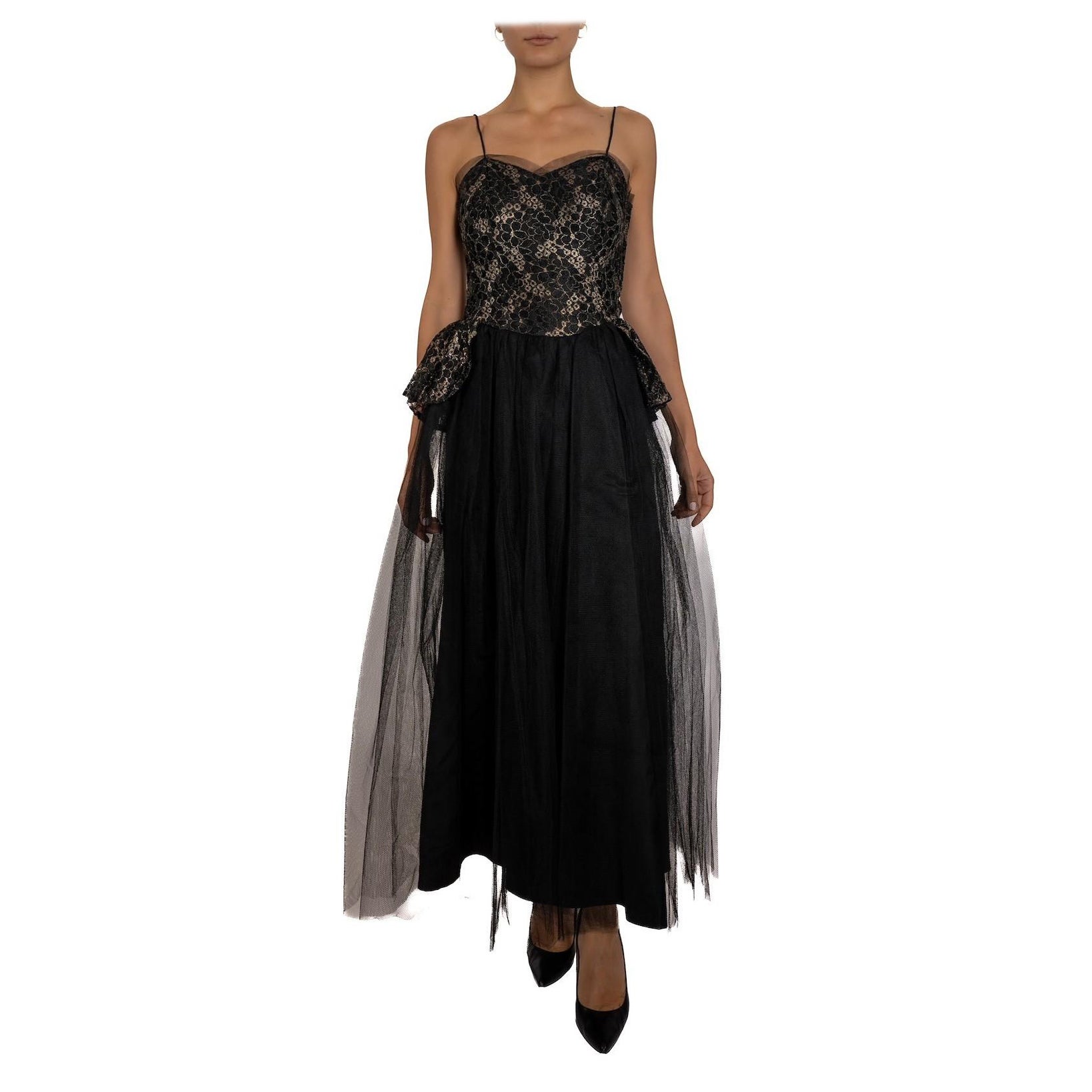 1940S Black Rayon & Nylon Gown With Metallic Lace On Tulle For Sale