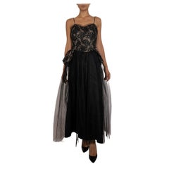 1940S Black Rayon & Nylon Gown With Metallic Lace On Tulle