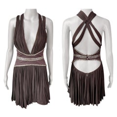 Roberto Cavalli c.2008 Embellished Plunging Neckline Cutout Brown Mini Dress