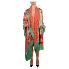 1990S Châle de soirée surdimensionné en soie lurex à fleurs roses et vertes avec franges NWT