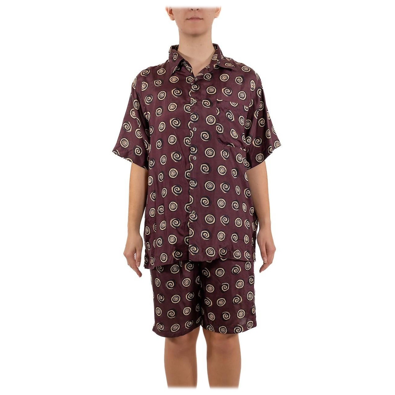 1990S Perry Ellis Borgoña y Crema Seda Conjunto Camisa Pantalones Cortos Hombre NWT en venta