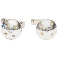 Sterling Silver and Small Diamond Jeweler Made Pair of Dome Cufflinks 5