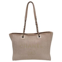 Chanel Deauville Tote Light Pink Cloth Leather Chain Strap Small 34cm