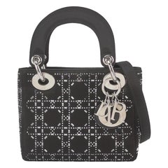 Lady Dior Mini Schwarze Seide mit Kristallen Silberne Hardware