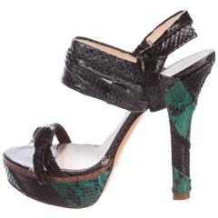 Prada NEW & SOLD OUT Black Snake Leather Twist Knot Block Sandals Heels in Box 