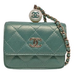 Chanel CC Pearl Coin Card Holder with Chain Quilted Green Caviar Leather Gold Ha