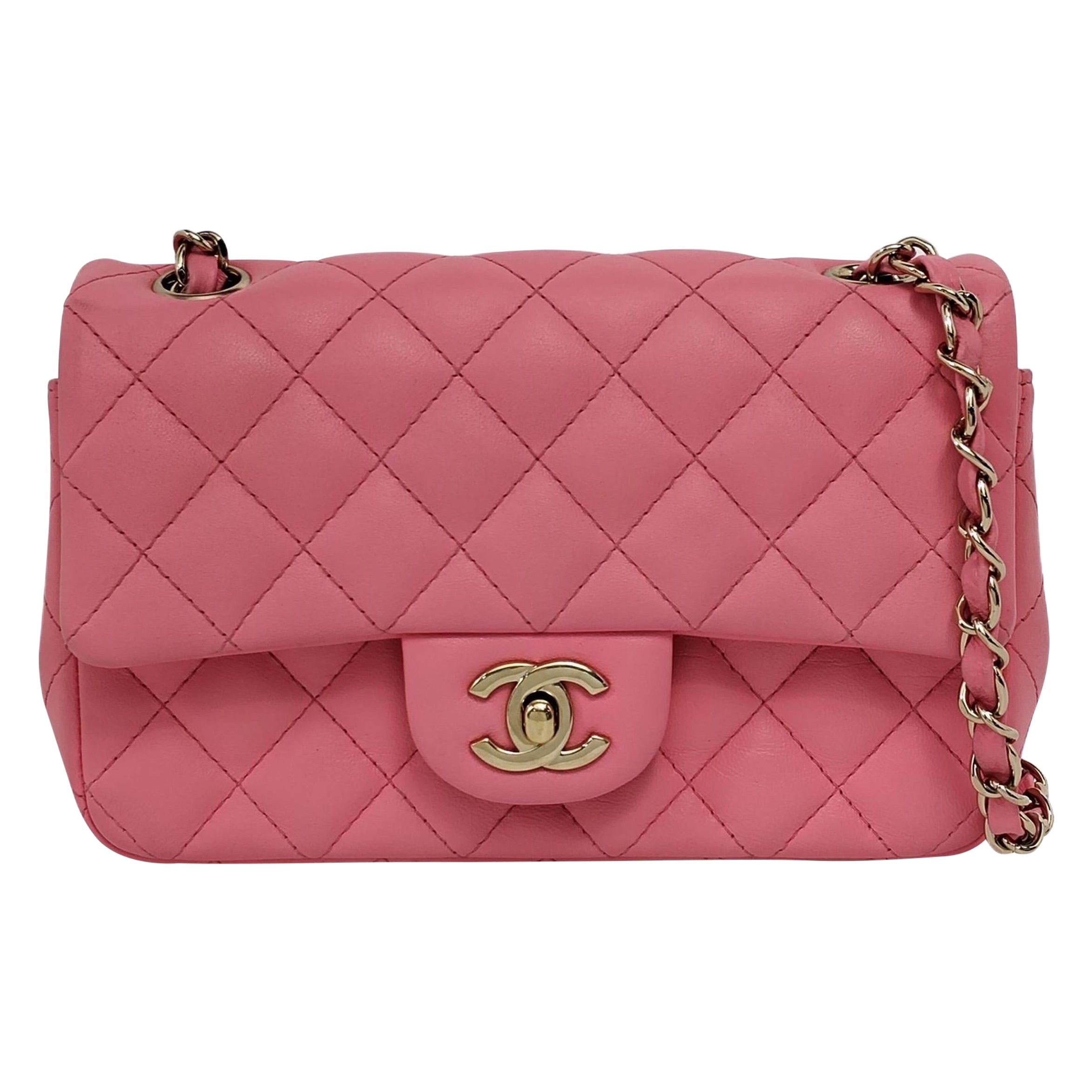 Chanel Classic Flap Rectangular Mini Pink Lambskin Gold Hardware For Sale