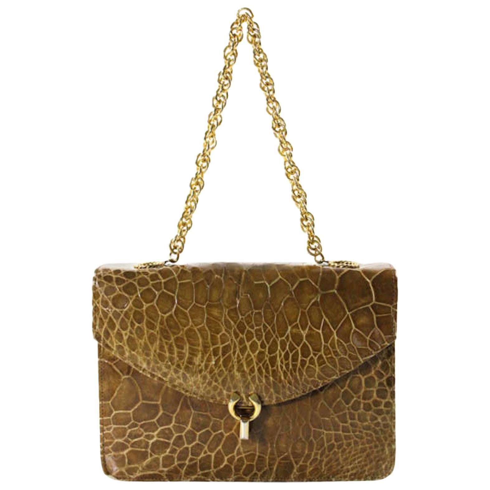 Vintage Cognac Nude Crocodile Gold Evening Top Handle Satchel Shoulder Flap Bag