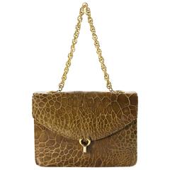 Vintage Cognac Nude Crocodile Gold Evening Top Handle Satchel Shoulder Flap Bag 12