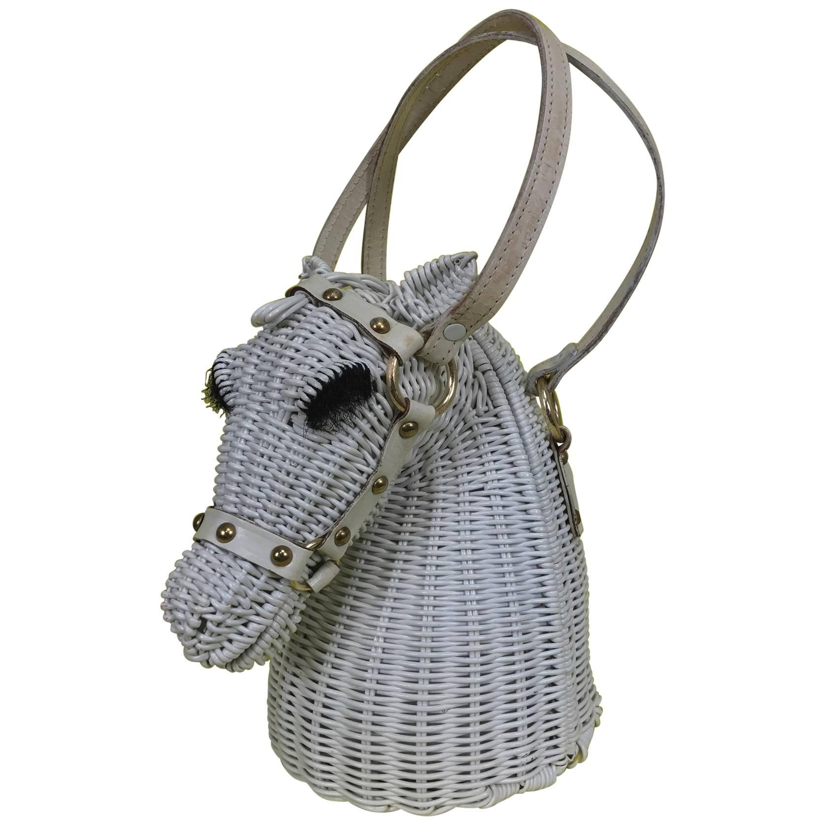 Vintage Marcus Brothers white wicker horse head with eyelashes handbag 1960s