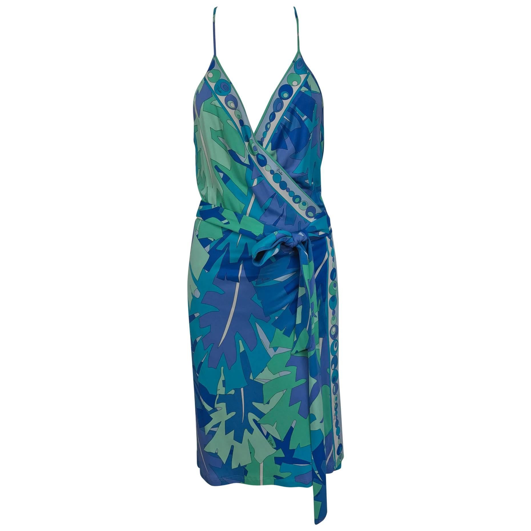 Pucci tropical print silky rayon jersey halter wrap dress 