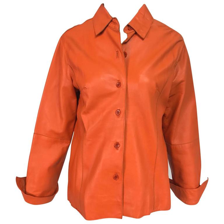 Vintage orange leather button front shirt jacket 1970s For Sale at 1stDibs