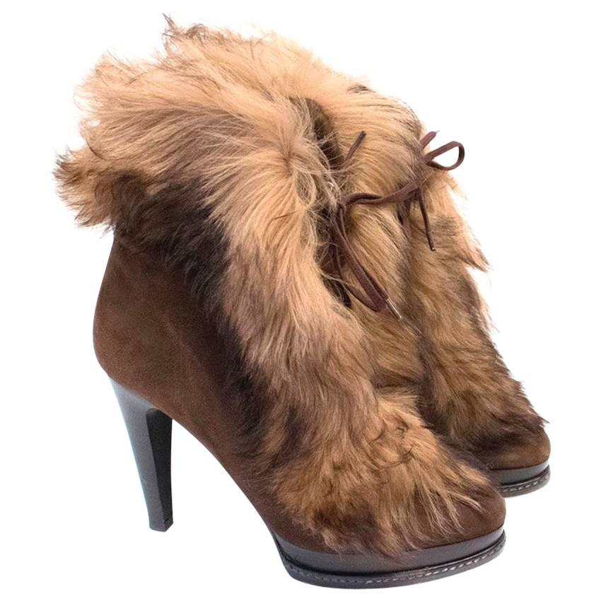 Ralph Lauren Collection Brown Shearling Lamb Fur Lace Up Boots For Sale