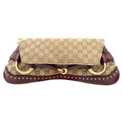 Gucci Horsebit 1955 Borsa a tracolla grande in pelle beige Monogram bordeaux