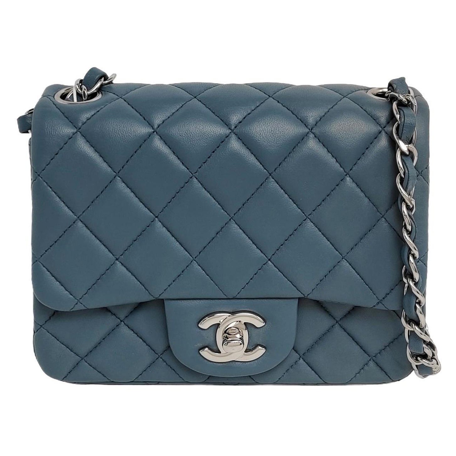 Chanel Classic Flap Mini Square Misty Blue Grey Lammfell Crossbody Tasche, 2012-201 im Angebot