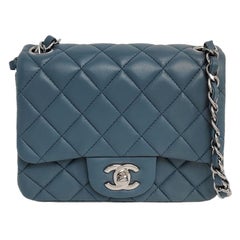 Chanel Classic Flap Mini Square Misty Blue Grey Lambskin Crossbody Bag, 2012-201