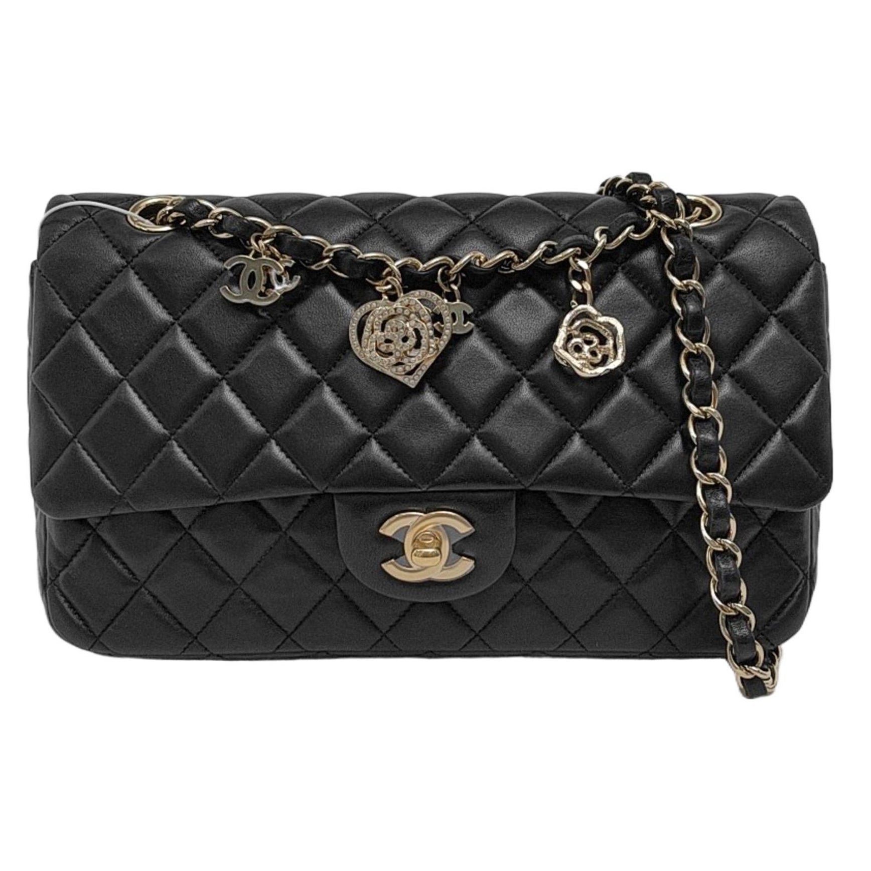 Chanel Valentine's Heart Charm Flap Medium Black Lambskin Leather Gold Hardware