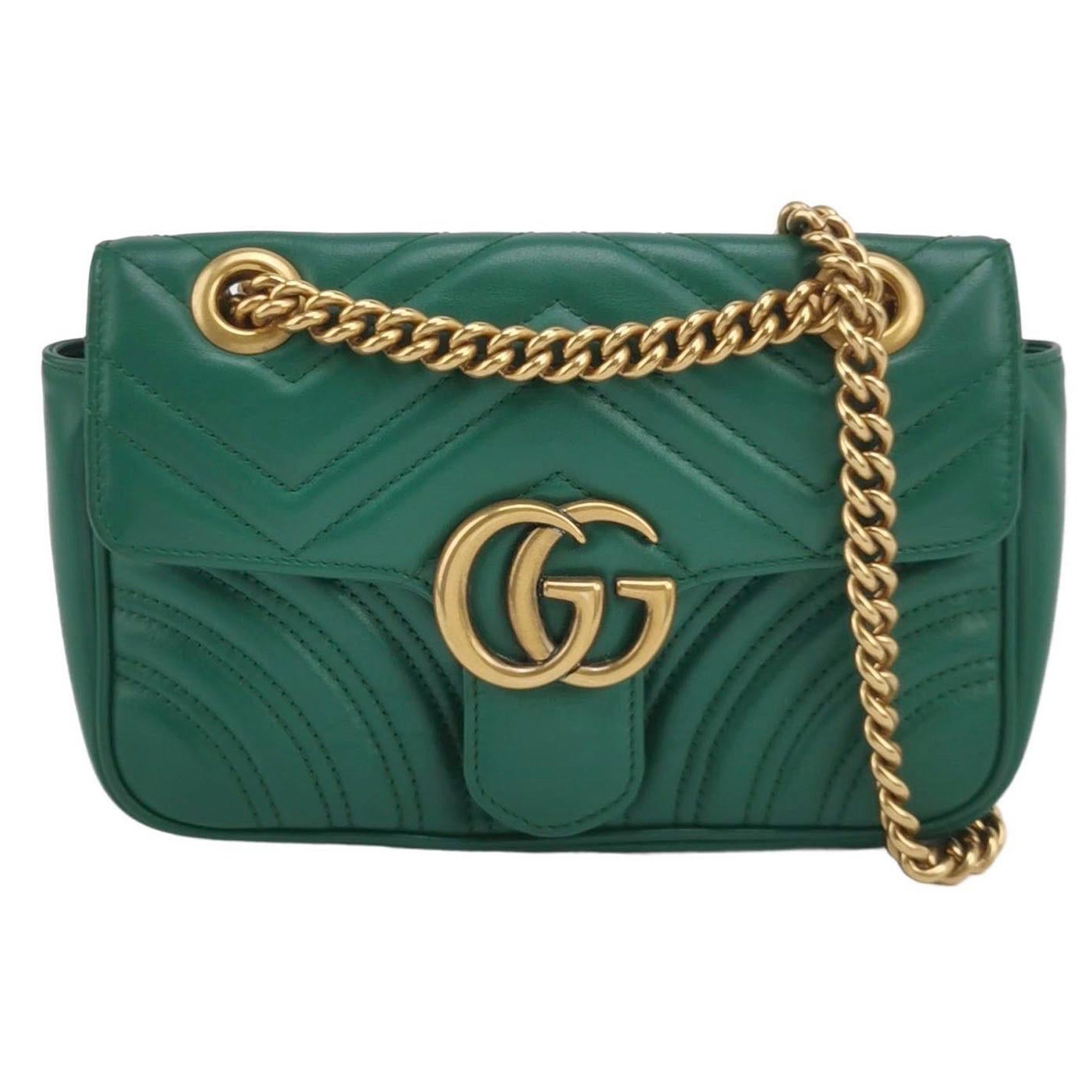 Gucci Marmont Mini Flap Green Calfskin Leather Handbag Gold Hardware