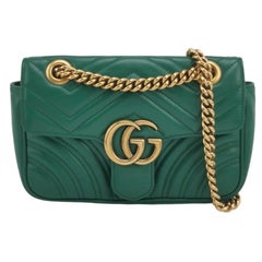 Gucci Marmont Mini Flap Green Calfskin Leather Handbag Gold Hardware
