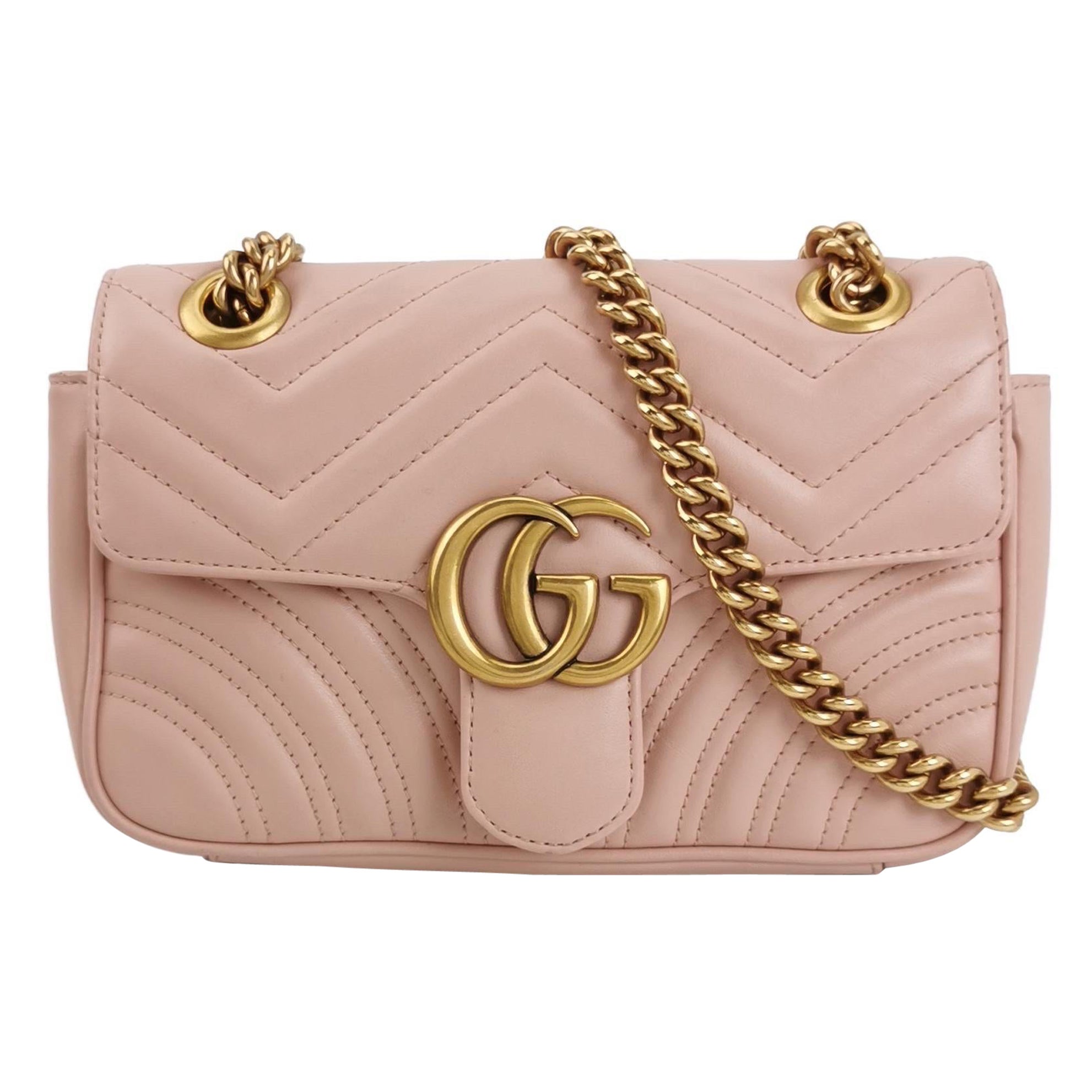 Gucci Marmont Mini Flap Pink Calfskin Leather Handbag Gold Hardware