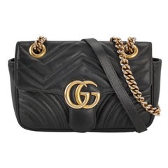Gucci Marmont Mini Flap Black Calfskin Leather Handbag Gold Hardware