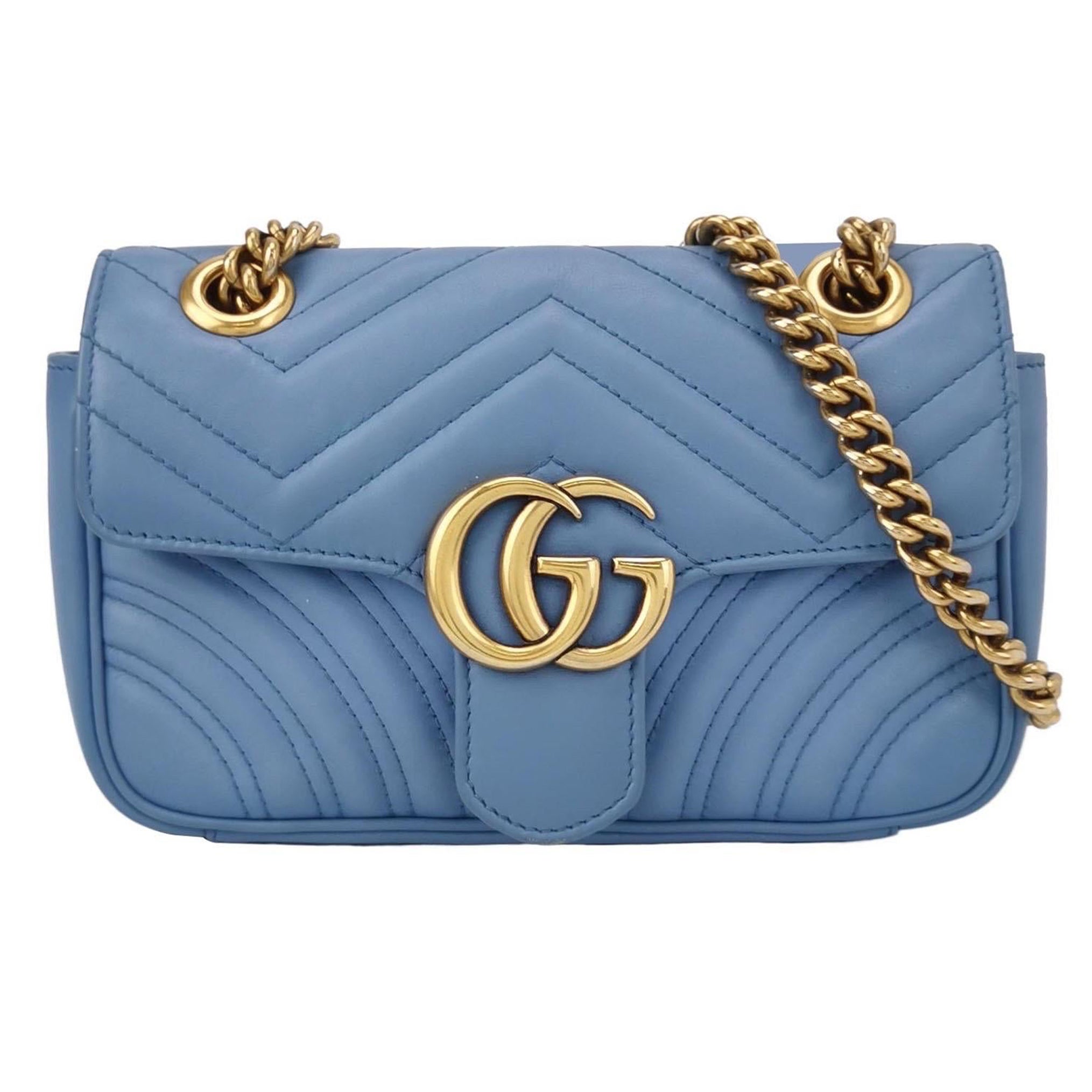 Gucci Marmont Mini Flap Blue Calfskin Leather Handbag Gold Hardware
